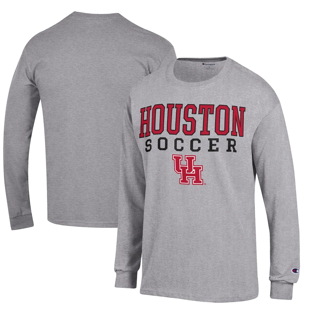 Men's Champion Heather Gray Houston Cougars Soccer Stacked Logo Long Sleeve T-Shirt