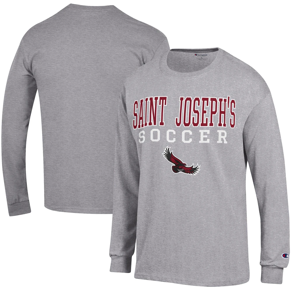 Men's Champion Heather Gray Saint Joseph's Hawks Soccer Stacked Logo Long Sleeve T-Shirt