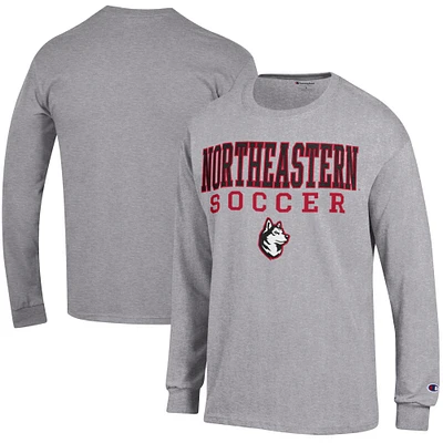 Men's Champion Heather Gray Northeastern Huskies Soccer Stacked Logo Long Sleeve T-Shirt