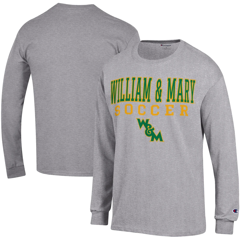 Men's Champion Heather Gray William & Mary Tribe Soccer Stacked Logo Long Sleeve T-Shirt