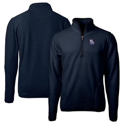 Men's Cutter & Buck Navy New Hampshire Fisher Cats Cascade Eco Sherpa Fleece Quarter-Zip Jacket