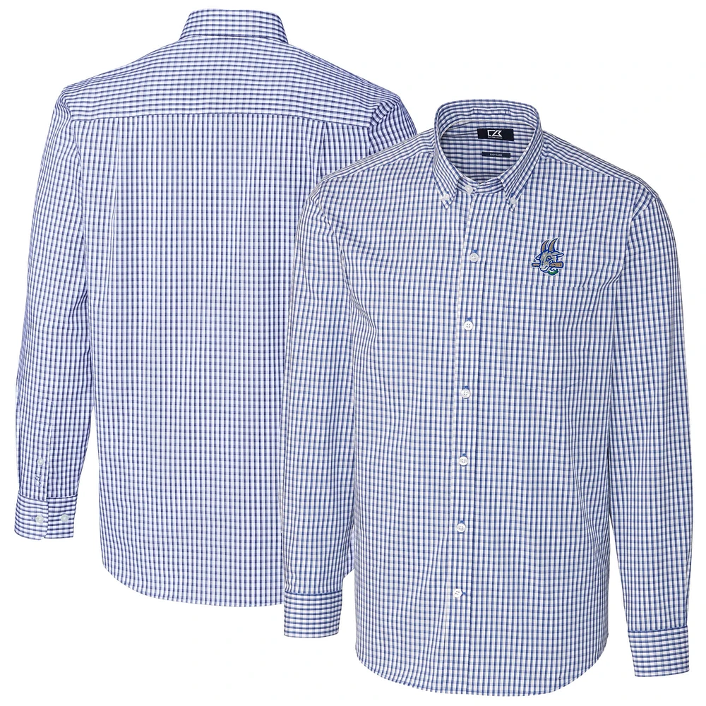 Men's Cutter & Buck Blue Hartford Yard Goats Easy Care Stretch Gingham Long Sleeve Button-Down Shirt