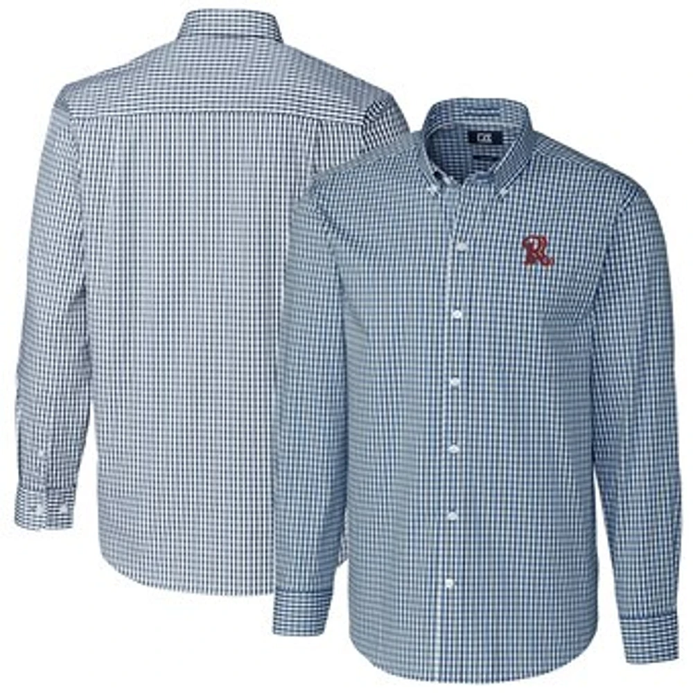 Men's Cutter & Buck Navy Frisco RoughRiders Easy Care Stretch Gingham Long Sleeve Button-Down Shirt