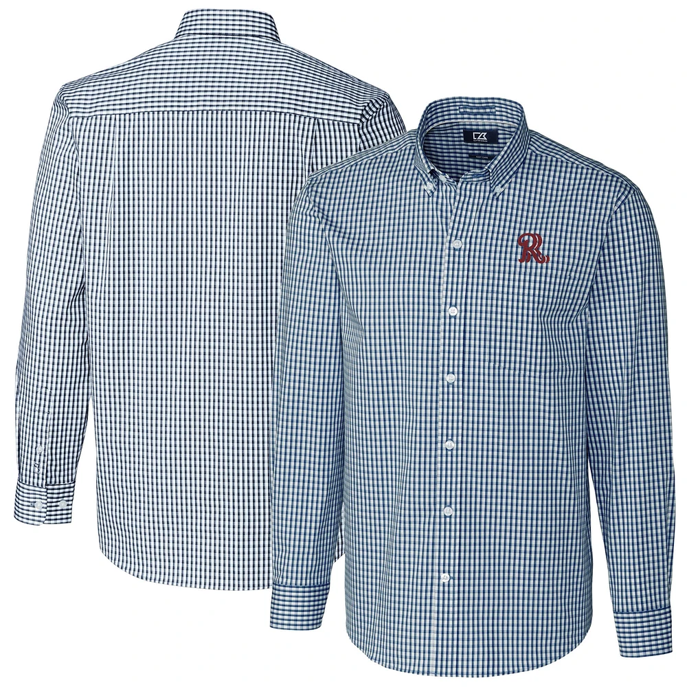 Men's Cutter & Buck Navy Frisco RoughRiders Easy Care Stretch Gingham Long Sleeve Button-Down Shirt