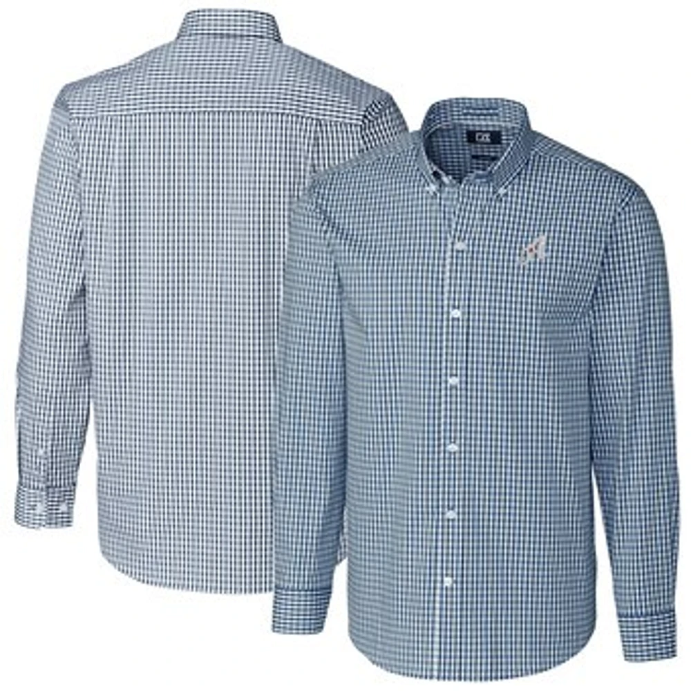 Men's Cutter & Buck Navy Reno Aces Easy Care Stretch Gingham Long Sleeve Button-Down Shirt