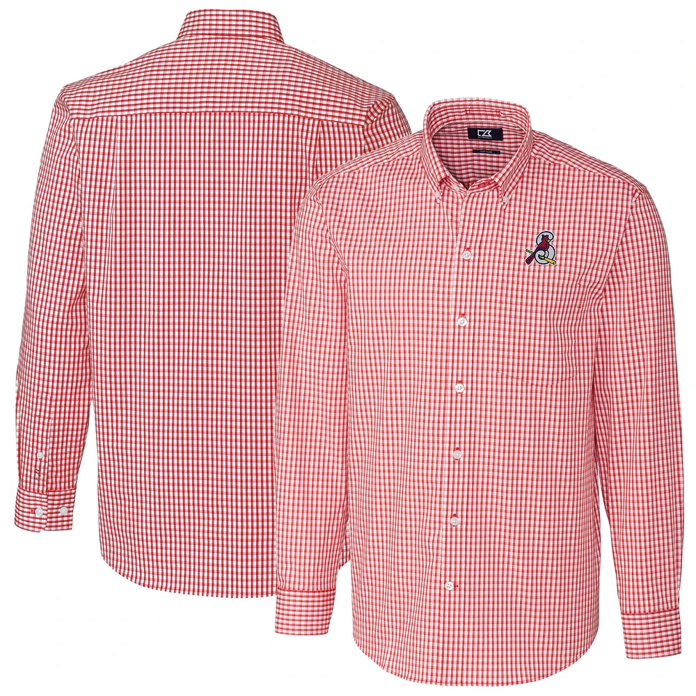 Men's Cutter & Buck Red Springfield Cardinals Easy Care Stretch Gingham Long Sleeve Button-Down Shirt
