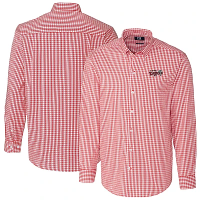 Men's Cutter & Buck Red Lansing Lugnuts Easy Care Stretch Gingham Long Sleeve Button-Down Shirt
