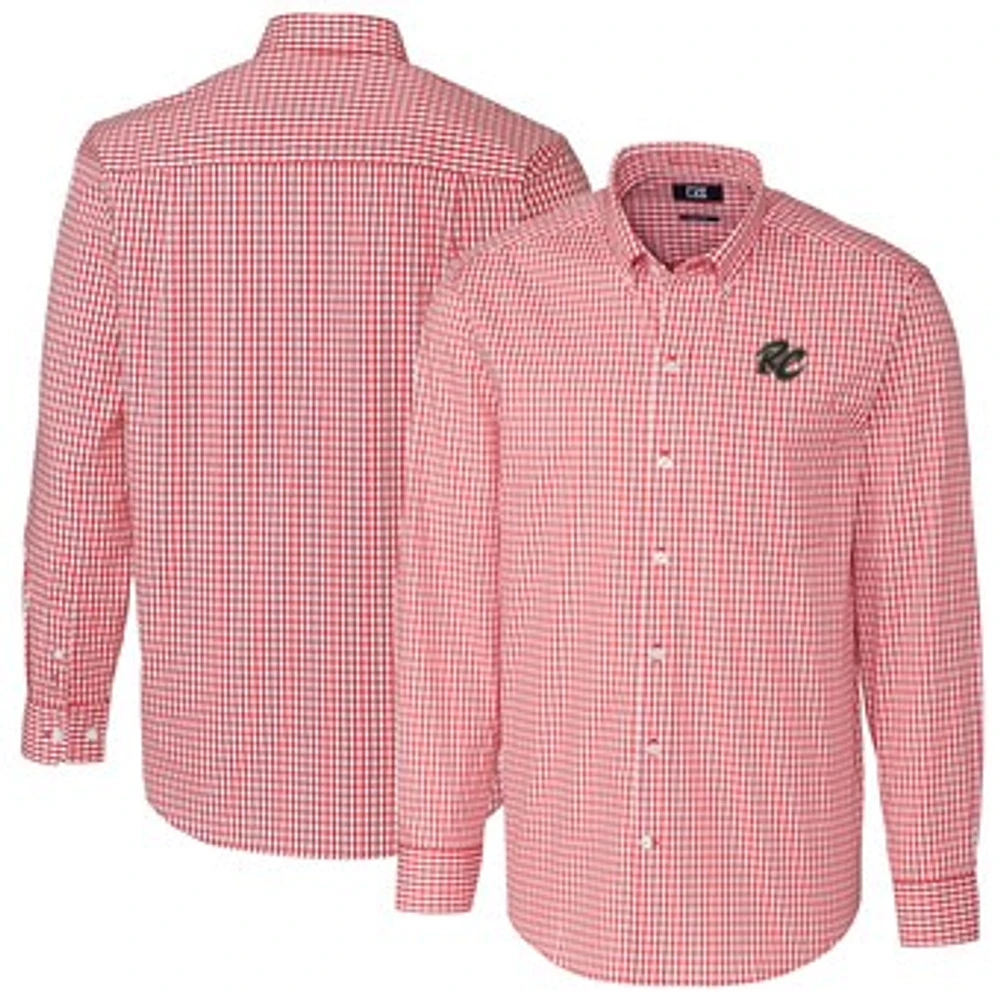 Men's Cutter & Buck Red Sacramento River Cats Easy Care Stretch Gingham Long Sleeve Button-Down Shirt