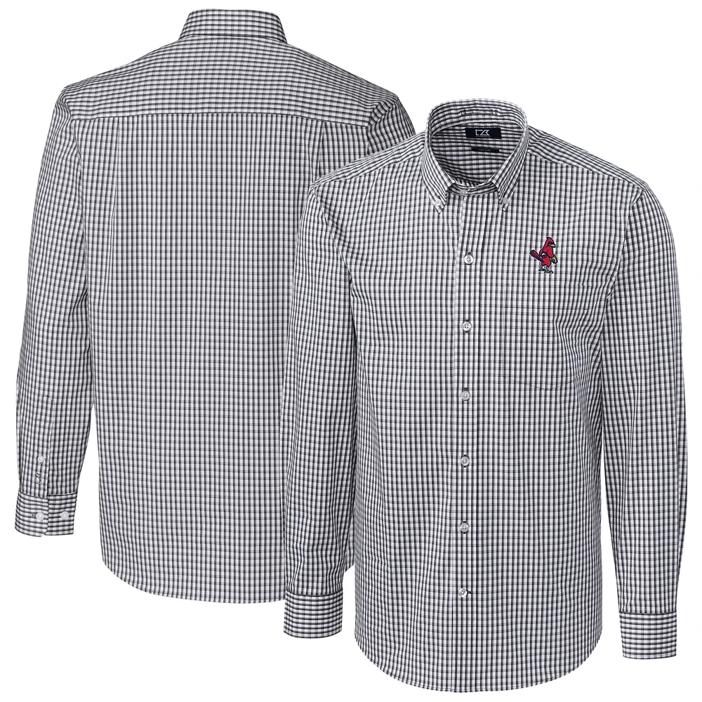Men's Cutter & Buck Charcoal Memphis Redbirds Easy Care Stretch Gingham Long Sleeve Button-Down Shirt