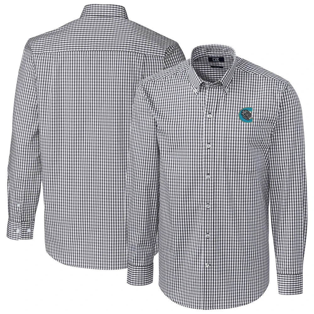 Men's Cutter & Buck Charcoal Charlotte Knights Easy Care Stretch Gingham Long Sleeve Button-Down Shirt