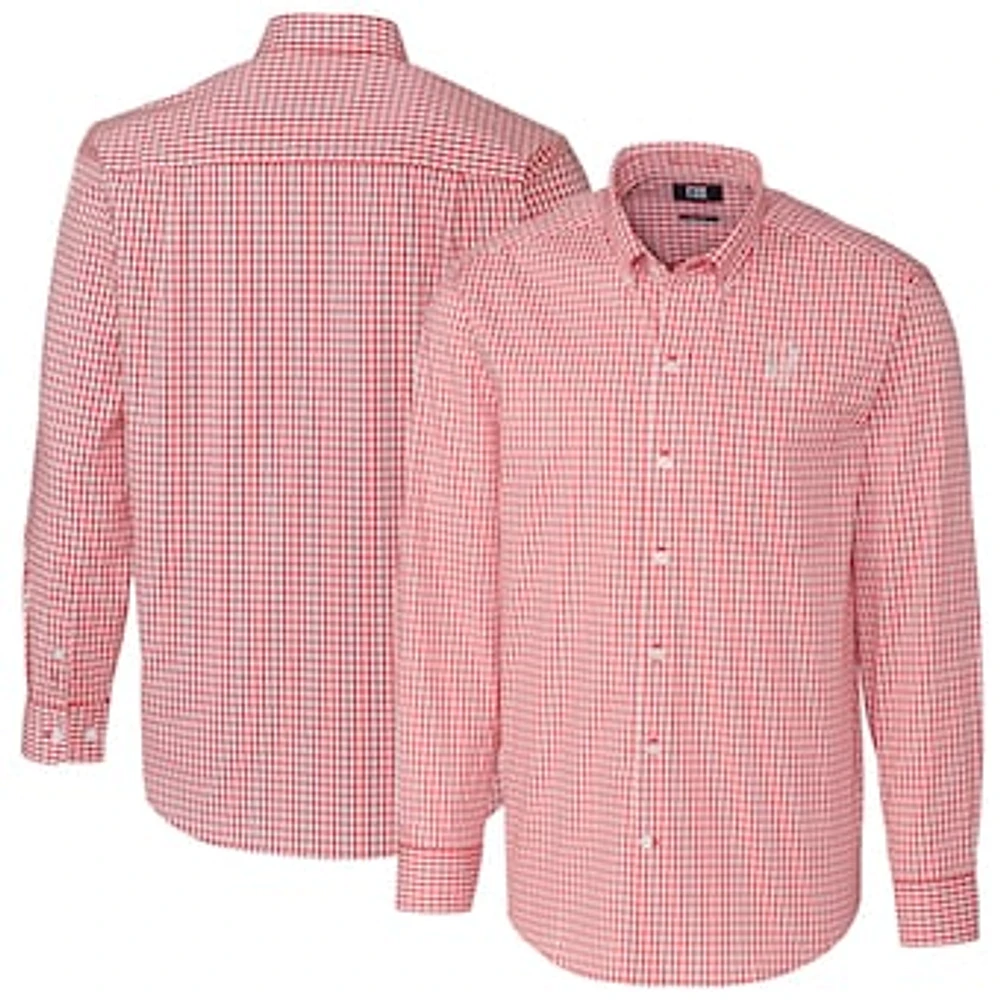 Men's Cutter & Buck Red Birmingham Barons Easy Care Stretch Gingham Long Sleeve Button-Down Shirt
