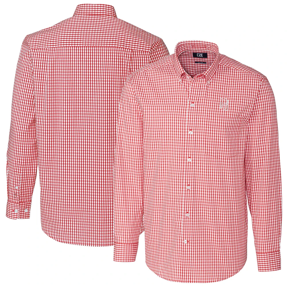 Men's Cutter & Buck Red Birmingham Barons Easy Care Stretch Gingham Long Sleeve Button-Down Shirt