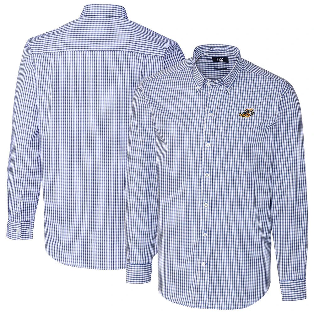 Men's Cutter & Buck Blue Akron RubberDucks Easy Care Stretch Gingham Long Sleeve Button-Down Shirt