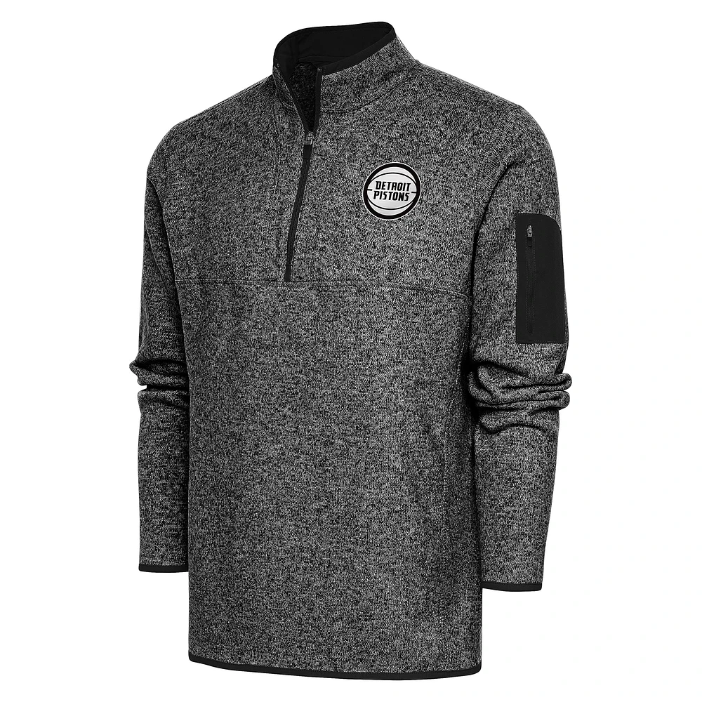 Men's Antigua Heather Black Detroit Pistons Metallic Logo Fortune Quarter-Zip Pullover