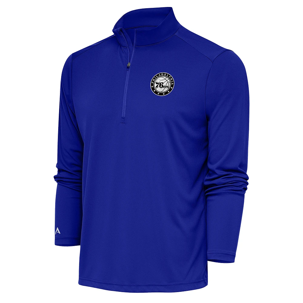 Men's Antigua Royal Philadelphia 76ers Metallic Logo Tribute Quarter-Zip Pullover