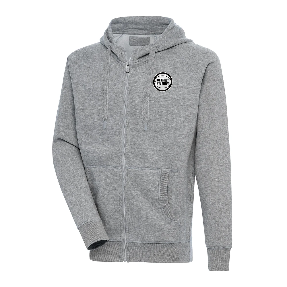 Men's Antigua Heather Gray Detroit Pistons Metallic Logo Victory Raglan Full-Zip Hoodie