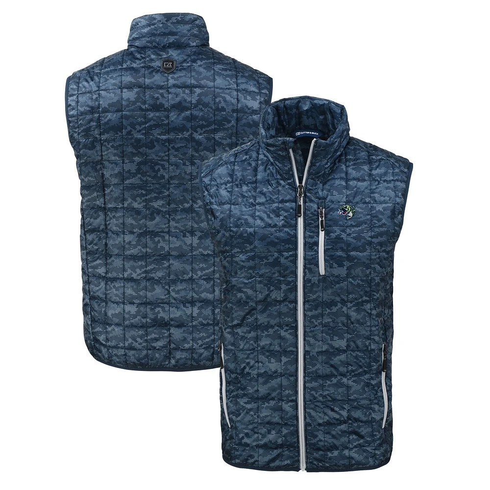 Men's Cutter & Buck Navy Gwinnett Stripers Rainier PrimaLoft Eco Insulated Full-Zip Printed Puffer Vest