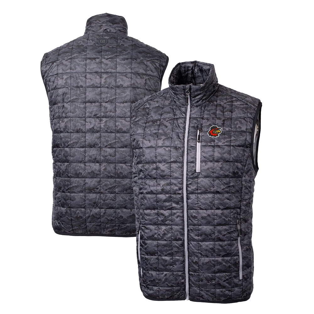 Men's Cutter & Buck Black Rochester Red Wings Rainier PrimaLoft Eco Insulated Full-Zip Printed Puffer Vest