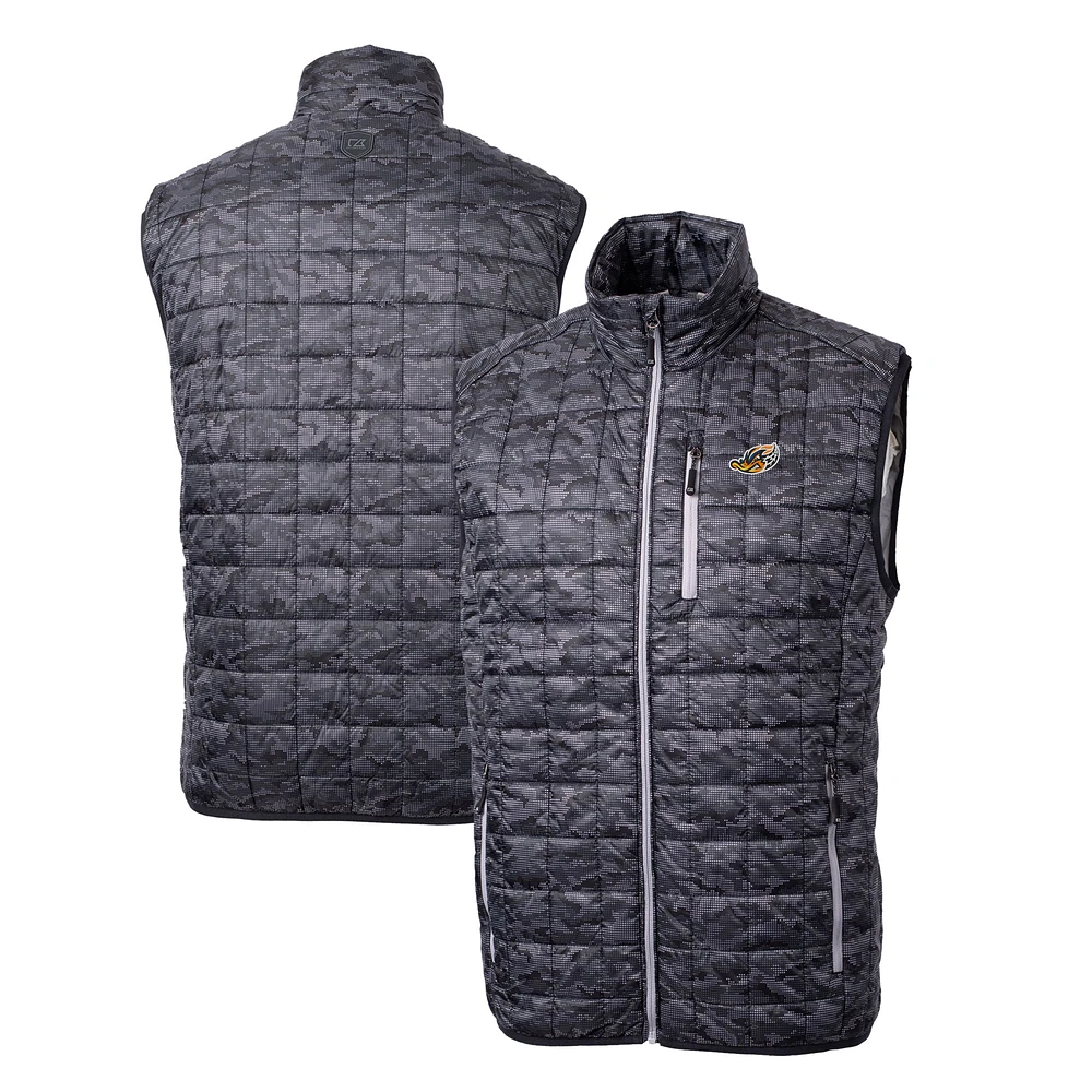 Men's Cutter & Buck Black Akron RubberDucks Rainier PrimaLoft Eco Insulated Full-Zip Printed Puffer Vest