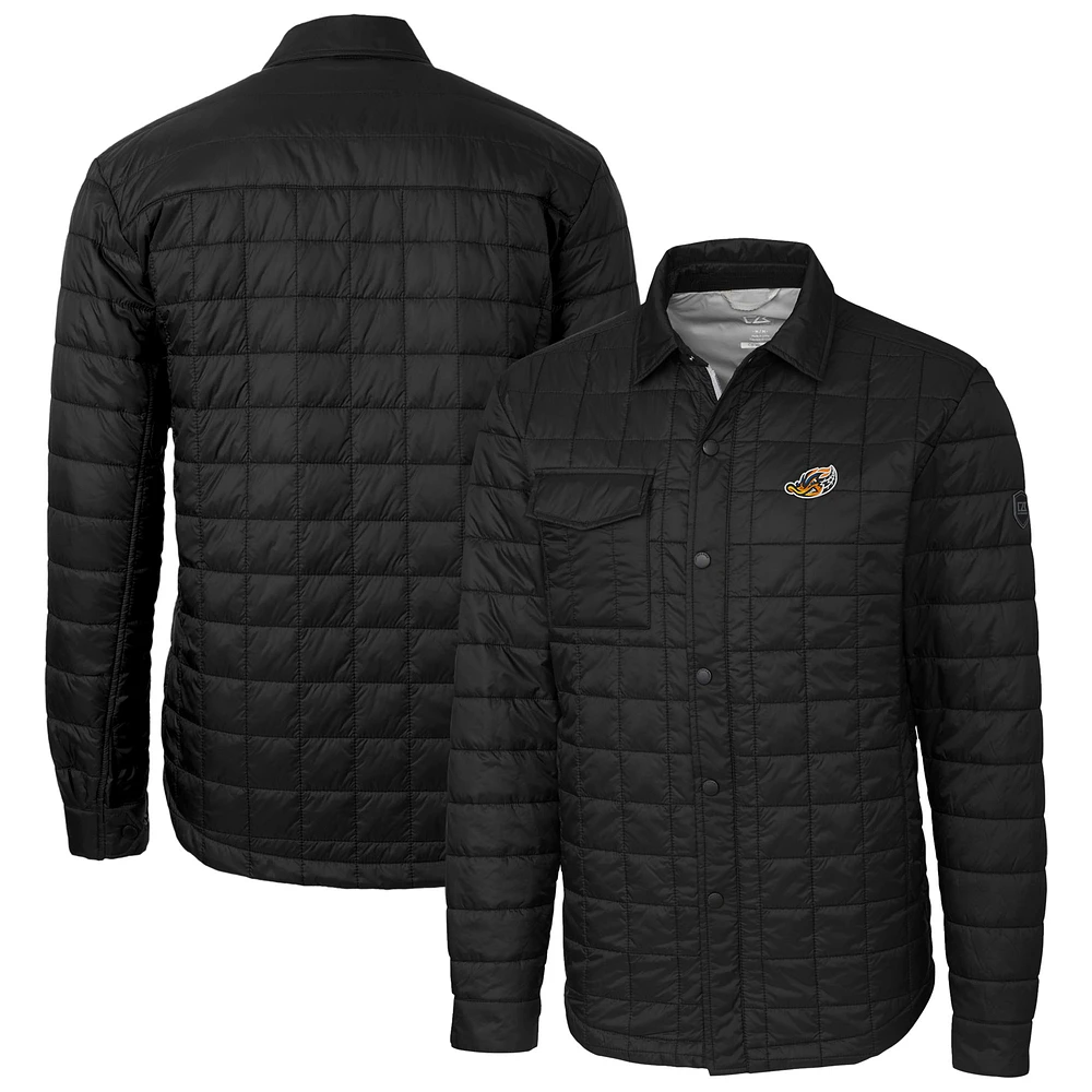 Men's Cutter & Buck Black Akron RubberDucks Rainier PrimaLoft Eco Insulated Quilted Button-Up Shacket