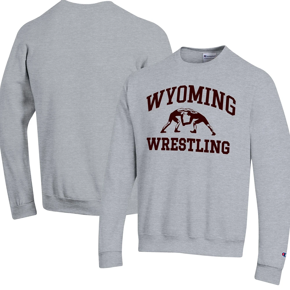 Men's Champion Heather Gray Wyoming Cowboys Wrestling Icon Powerblend Pullover Sweatshirt