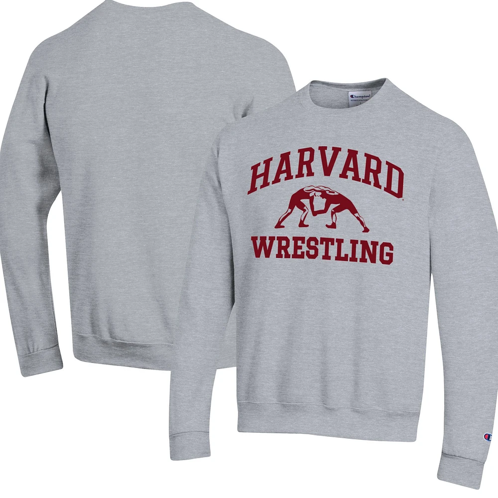 Men's Champion Heather Gray Harvard Crimson Wrestling Icon Powerblend Pullover Sweatshirt