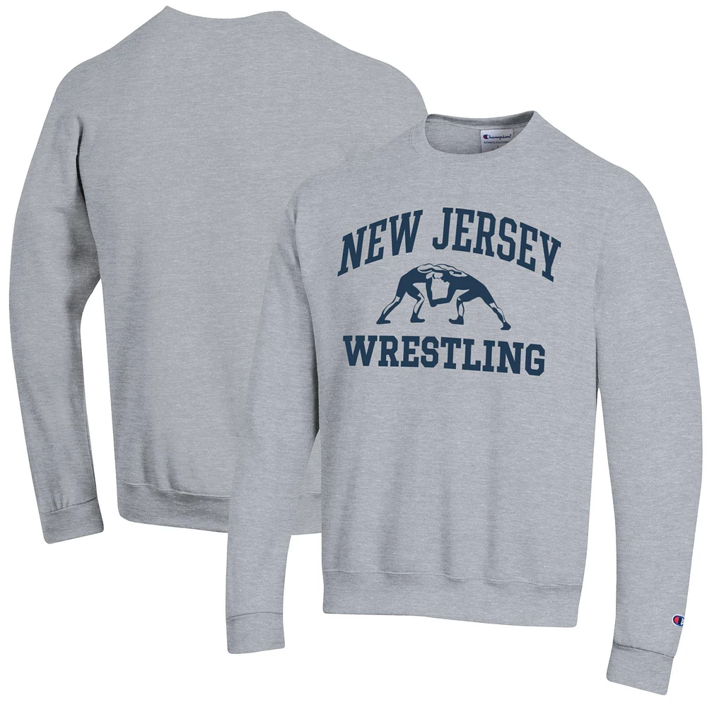 Men's Champion Heather Gray College of New Jersey Lions Wrestling Icon Powerblend Pullover Sweatshirt