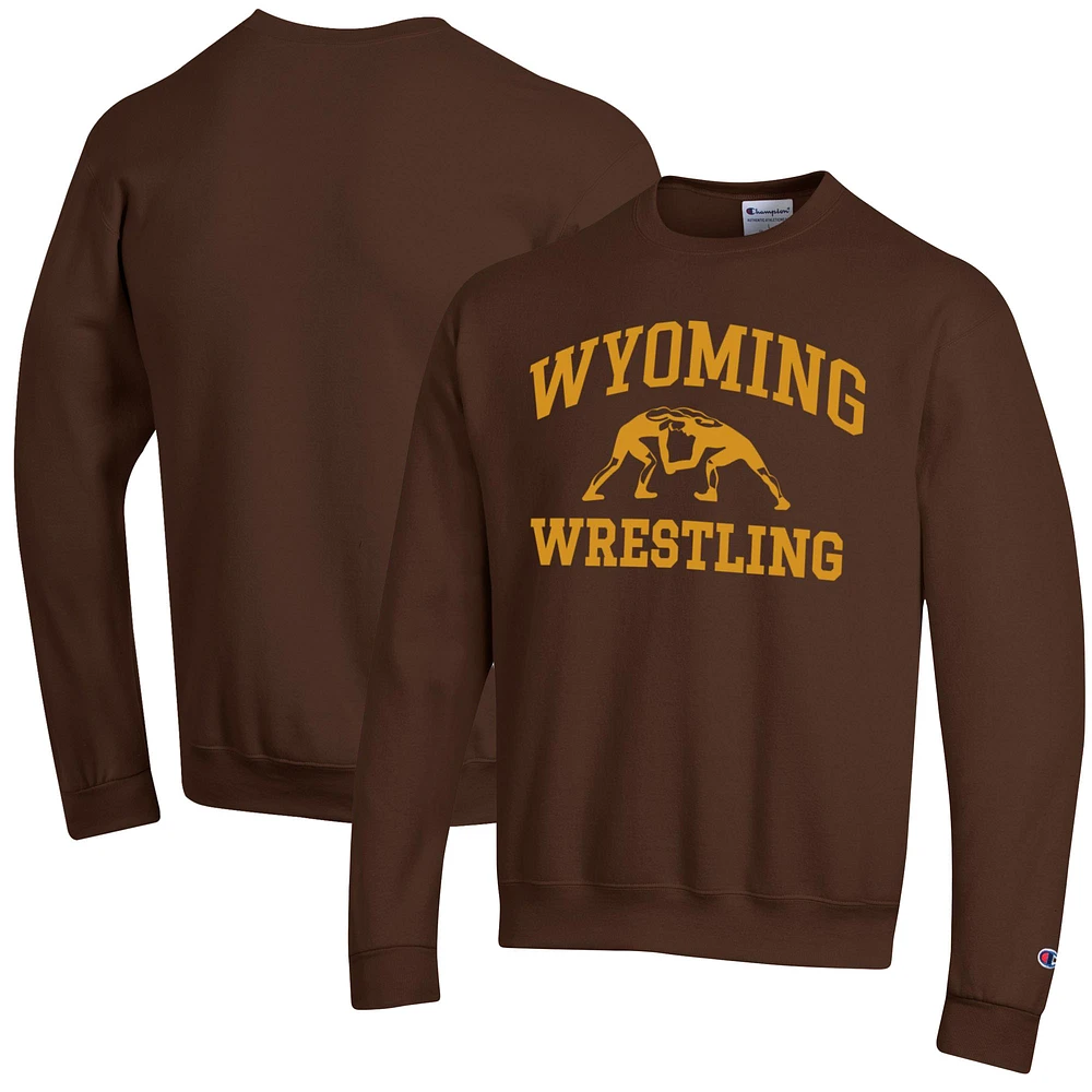 Men's Champion Brown Wyoming Cowboys Wrestling Icon Powerblend Pullover Sweatshirt
