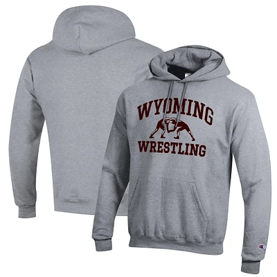 Men's Champion Heather Gray Wyoming Cowboys Wrestling Icon Powerblend Pullover Hoodie