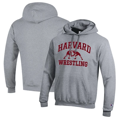 Men's Champion Heather Gray Harvard Crimson Wrestling Icon Powerblend Pullover Hoodie