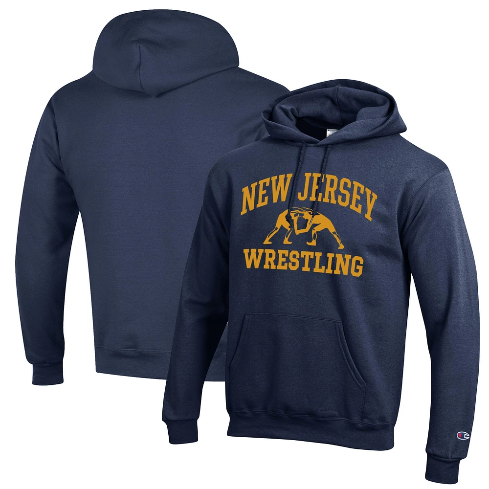 Men's Champion Navy College of New Jersey Lions Wrestling Icon Powerblend Pullover Hoodie