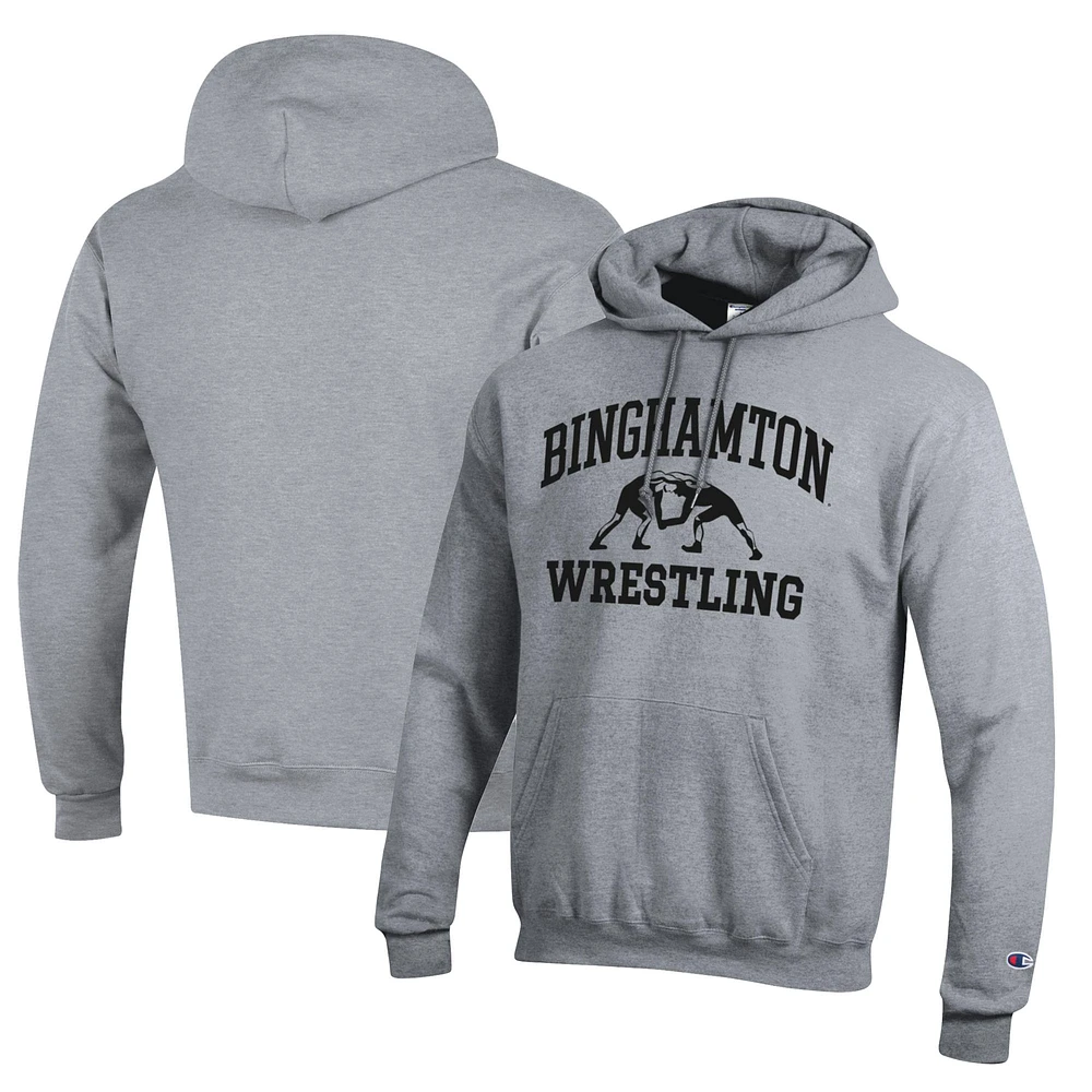 Men's Champion Heather Gray Binghamton Bearcats Wrestling Icon Powerblend Pullover Hoodie