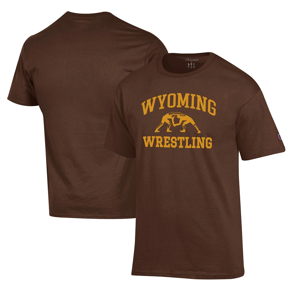 Men's Champion Brown Wyoming Cowboys Wrestling Icon T-Shirt