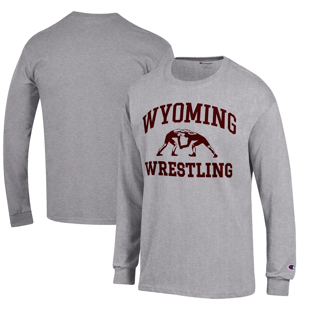 Men's Champion Heather Gray Wyoming Cowboys Wrestling Icon Long Sleeve T-Shirt