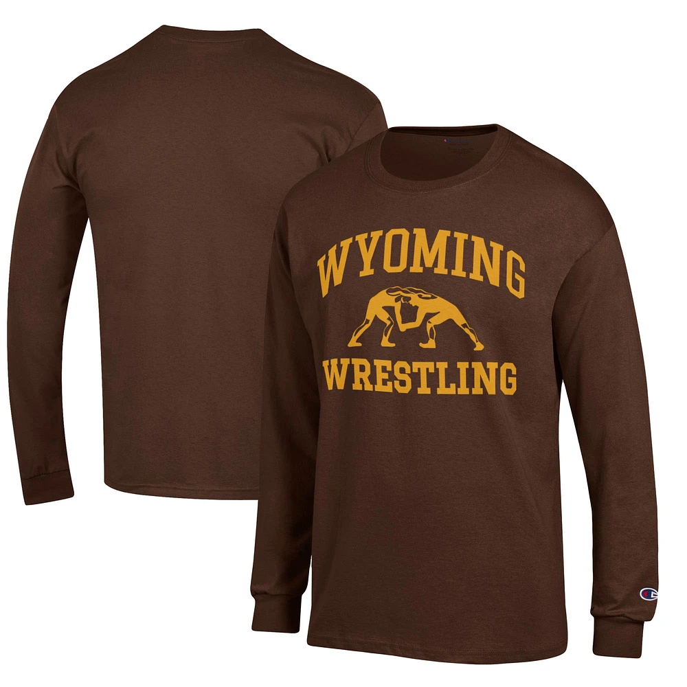 Men's Champion Brown Wyoming Cowboys Wrestling Icon Long Sleeve T-Shirt