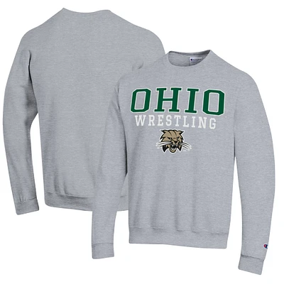 Men's Champion Heather Gray Ohio Bobcats Wrestling Stack Logo Powerblend Pullover Sweatshirt