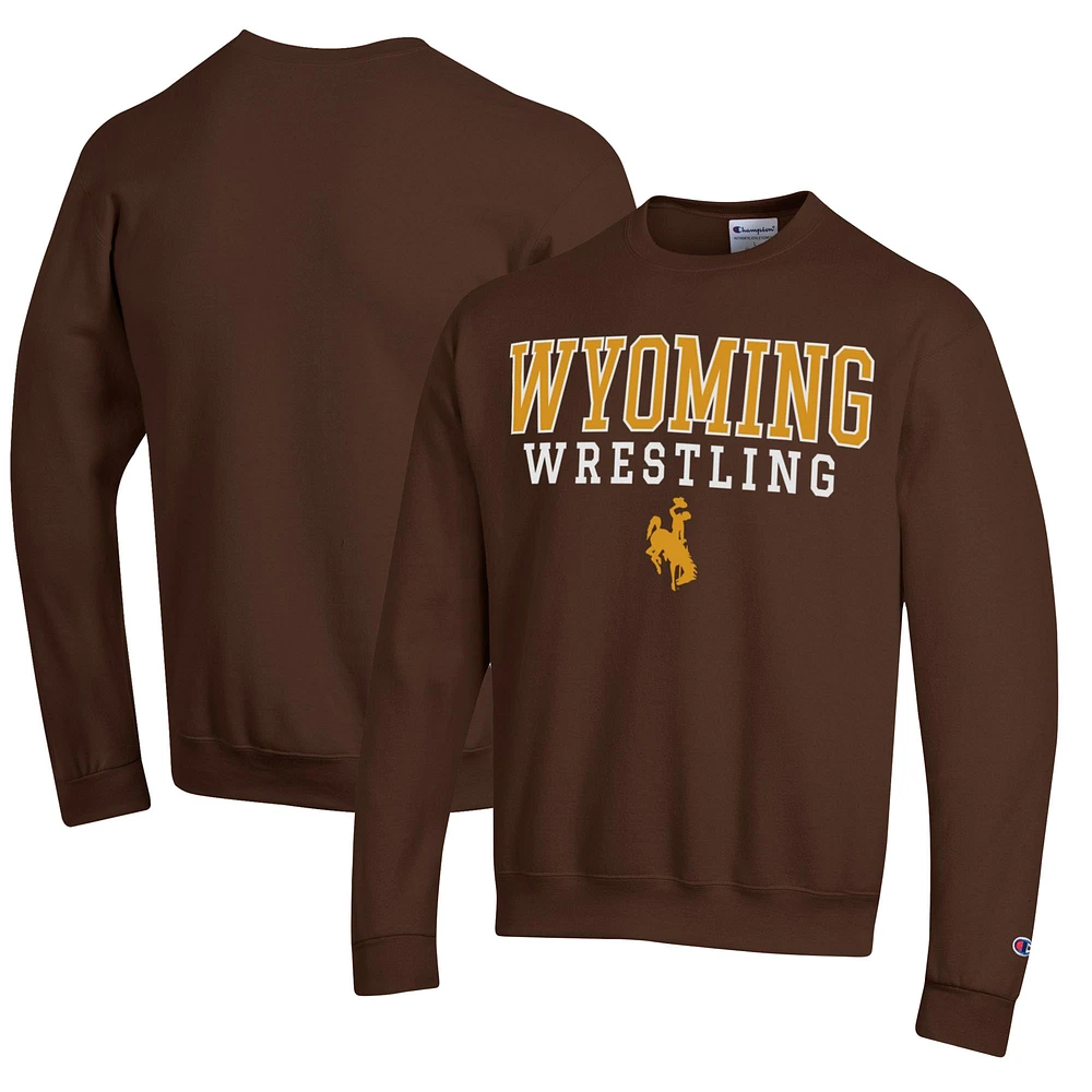 Men's Champion Brown Wyoming Cowboys Wrestling Stack Logo Powerblend Pullover Sweatshirt
