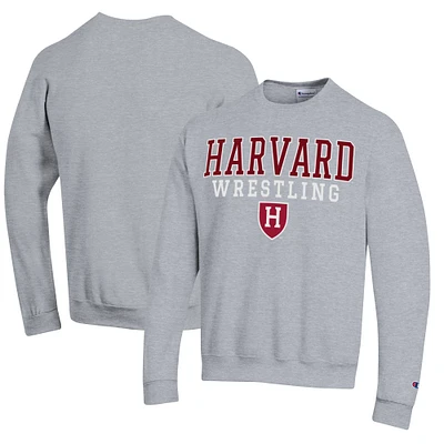 Men's Champion Heather Gray Harvard Crimson Wrestling Stack Logo Powerblend Pullover Sweatshirt