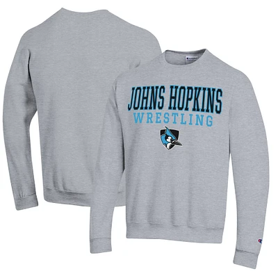 Men's Champion Heather Gray Johns Hopkins Blue Jays Wrestling Stack Logo Powerblend Pullover Sweatshirt