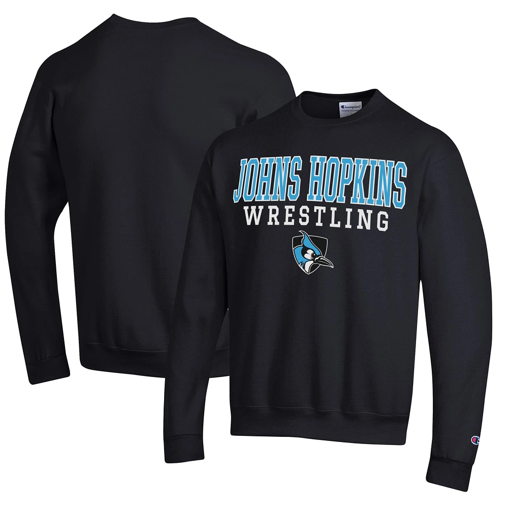 Men's Champion Black Johns Hopkins Blue Jays Wrestling Stack Logo Powerblend Pullover Sweatshirt