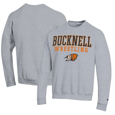 Men's Champion Heather Gray Bucknell Bison Wrestling Stack Logo Powerblend Pullover Sweatshirt