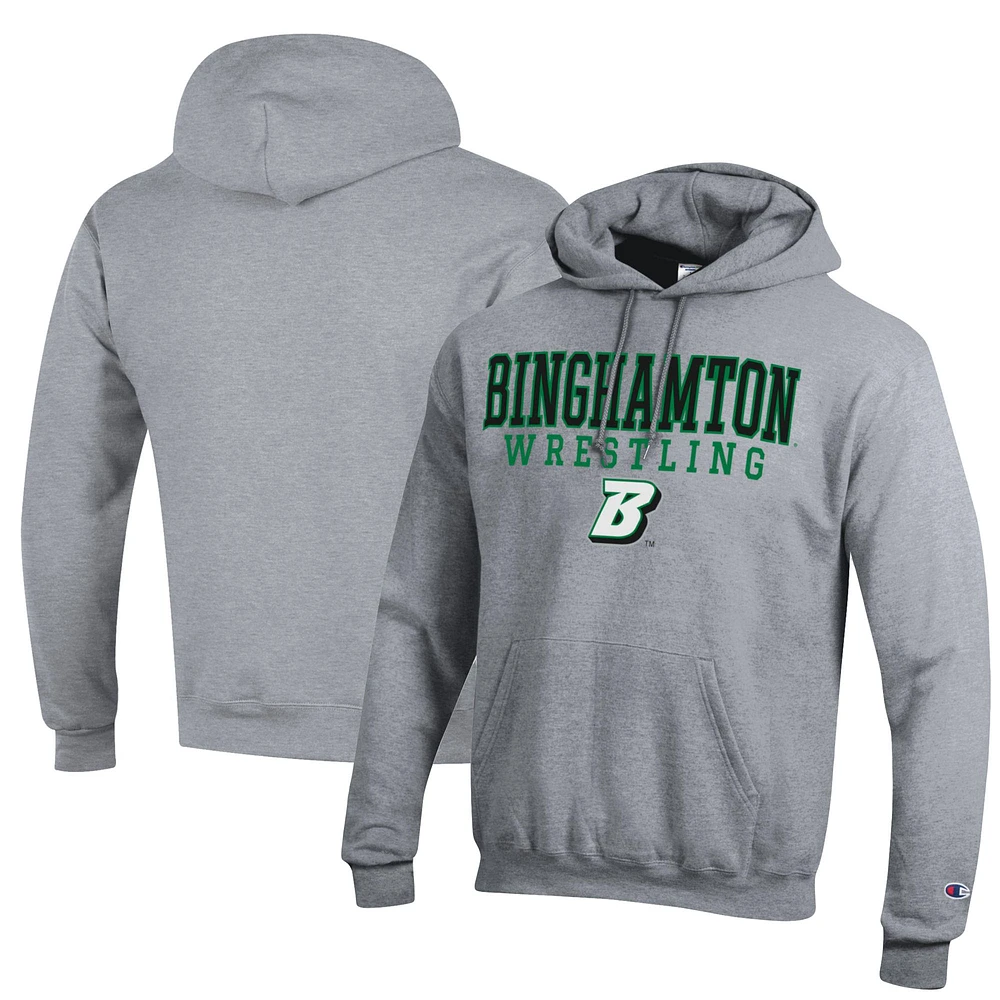 Men's Champion Heather Gray Binghamton Bearcats Wrestling Stack Logo Powerblend Pullover Hoodie