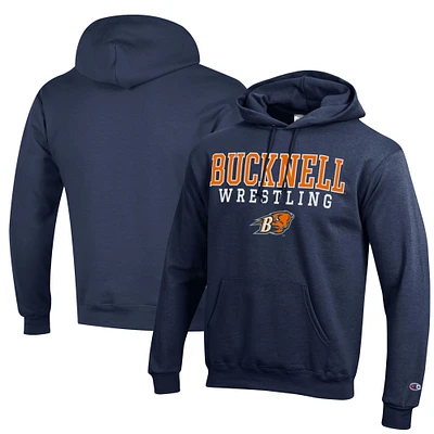 Men's Champion Navy Bucknell Bison Wrestling Stack Logo Powerblend Pullover Hoodie