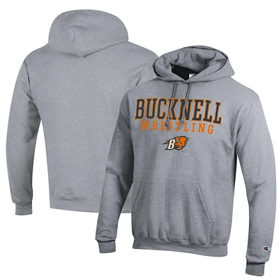 Men's Champion Heather Gray Bucknell Bison Wrestling Stack Logo Powerblend Pullover Hoodie