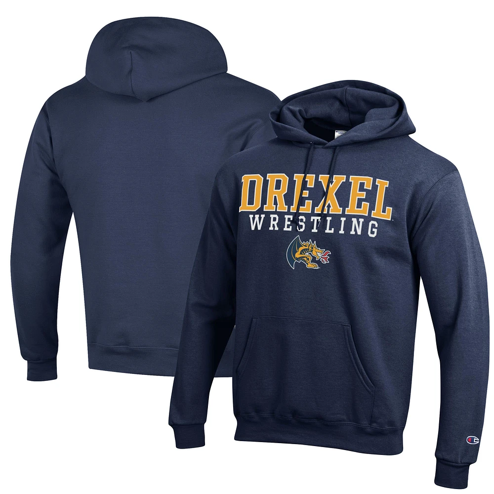 Men's Champion Navy Drexel Dragons Wrestling Stack Logo Powerblend Pullover Hoodie