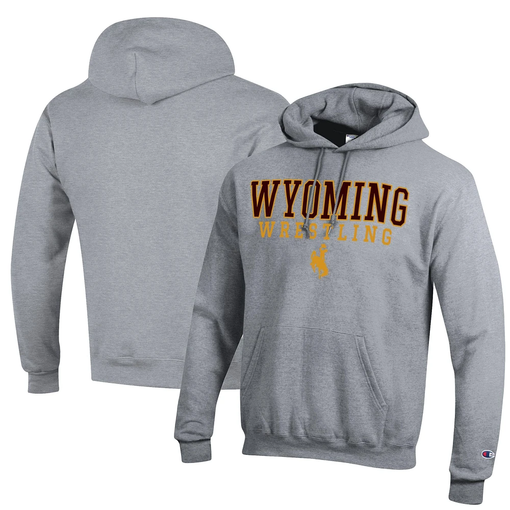 Men's Champion Heather Gray Wyoming Cowboys Wrestling Stack Logo Powerblend Pullover Hoodie