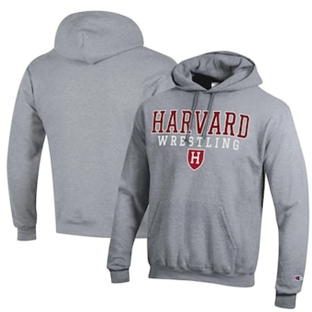 Men's Champion Heather Gray Harvard Crimson Wrestling Stack Logo Powerblend Pullover Hoodie