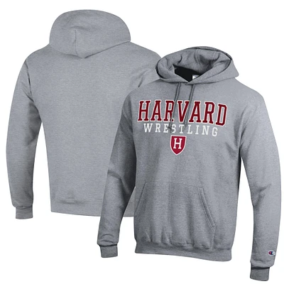 Men's Champion Heather Gray Harvard Crimson Wrestling Stack Logo Powerblend Pullover Hoodie