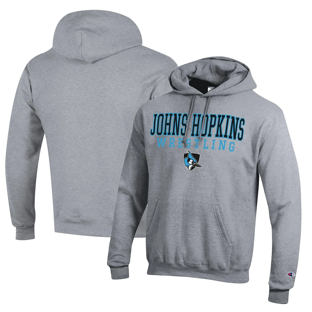 Men's Champion Heather Gray Johns Hopkins Blue Jays Wrestling Stack Logo Powerblend Pullover Hoodie
