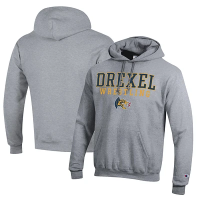 Men's Champion Heather Gray Drexel Dragons Wrestling Stack Logo Powerblend Pullover Hoodie